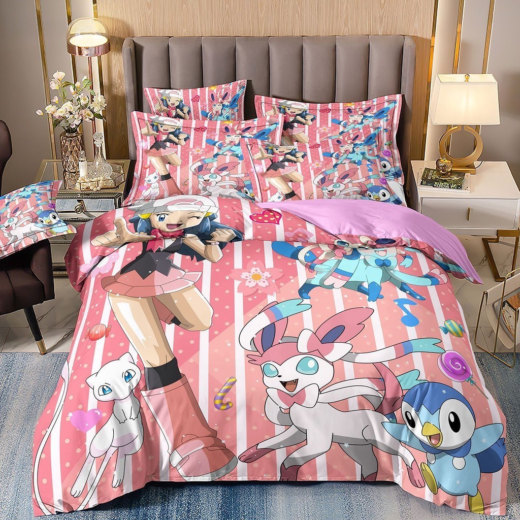 PS1 Pokemon Pikachu 3IN1 Ga trải giường Vỏ chăn gối Bộ chăn ga gối chất lượng cao cấp Bộ đồ giường có thể giặt được tại nhà Bộ đồ phòng ngủ SP1