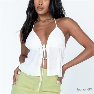 Phụ Nữ Cổ Dây Crop Tops Mùa Hè Màu Băng Mở Mặt Trước Không Tay Áo Dạo Phố