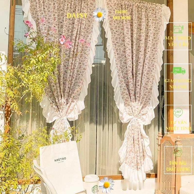 Rèm cửa sổ vải hoa vintage hồng viền bèo trắng vintage hàn quốc dày dặn ...