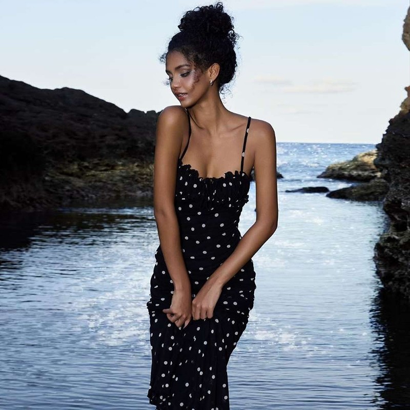 Klalien Đầm Maxi slim fit backless Chấm Bi suspender INS Phong Cách Pháp Thường Ngày Mới Mùa Hè Nữ