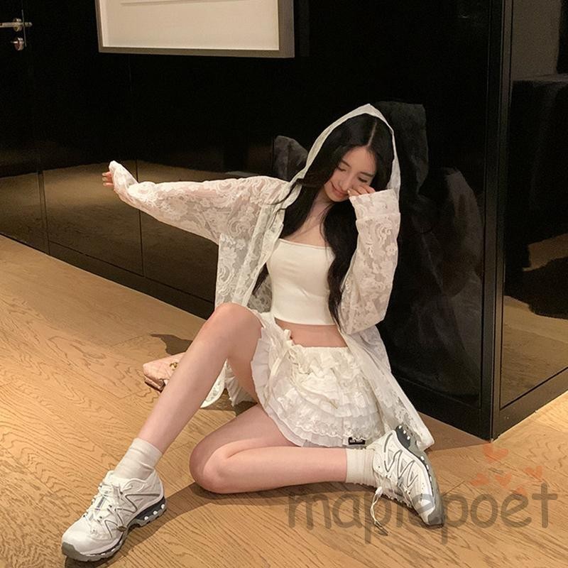 Maplepoet-nữ Ren Áo Dài Tay Nhìn Xuyên Qua Áo Dạo Phố Áo Khoác Áo Khoác Ngoài