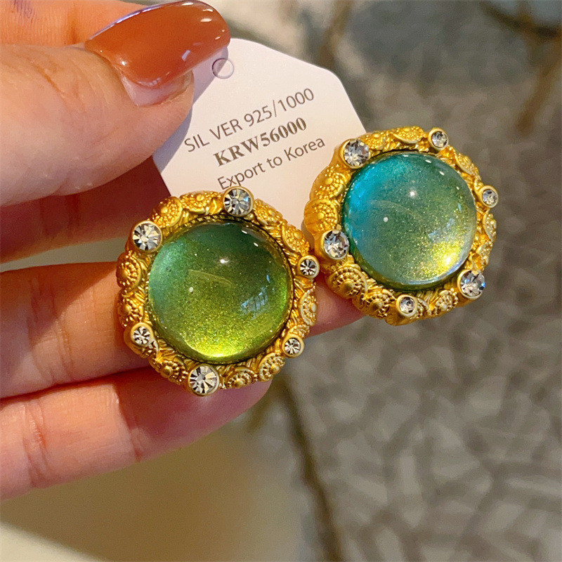 Bông tai pha lê xanh thời trang Hàn Quốc Bông tai tròn khí chất Zircon Bông tai đơn giản