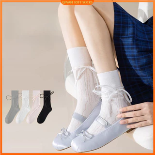 Tất Trắng Nữ Mùa Hè Mỏng Cotton Không Xương Nơ Giữa Ống Tất Thoáng Khí Ballet Miu Phong Cách Dễ Thương