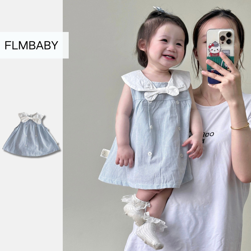 Áo liền quần bé gái mùa hè Hàn Quốc có ve áo đơn giản Váy liền thân sọc xanh 0-2 tuổi
