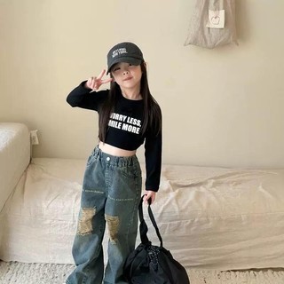S311-[tomnaukid] Set áo dài tay phối quần jean suông ống rộng rách cho bé gái size từ 8-30Kg