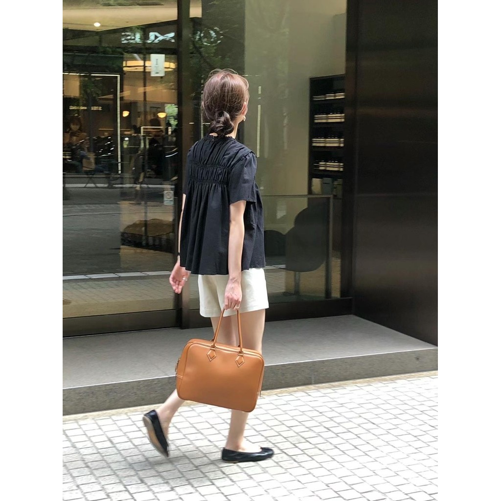 Suxi Ren Đứng Cổ Xếp Ly Rời Áo Sơ Mi Babydoll Cổ Tròn Tay Ngắn 241008
