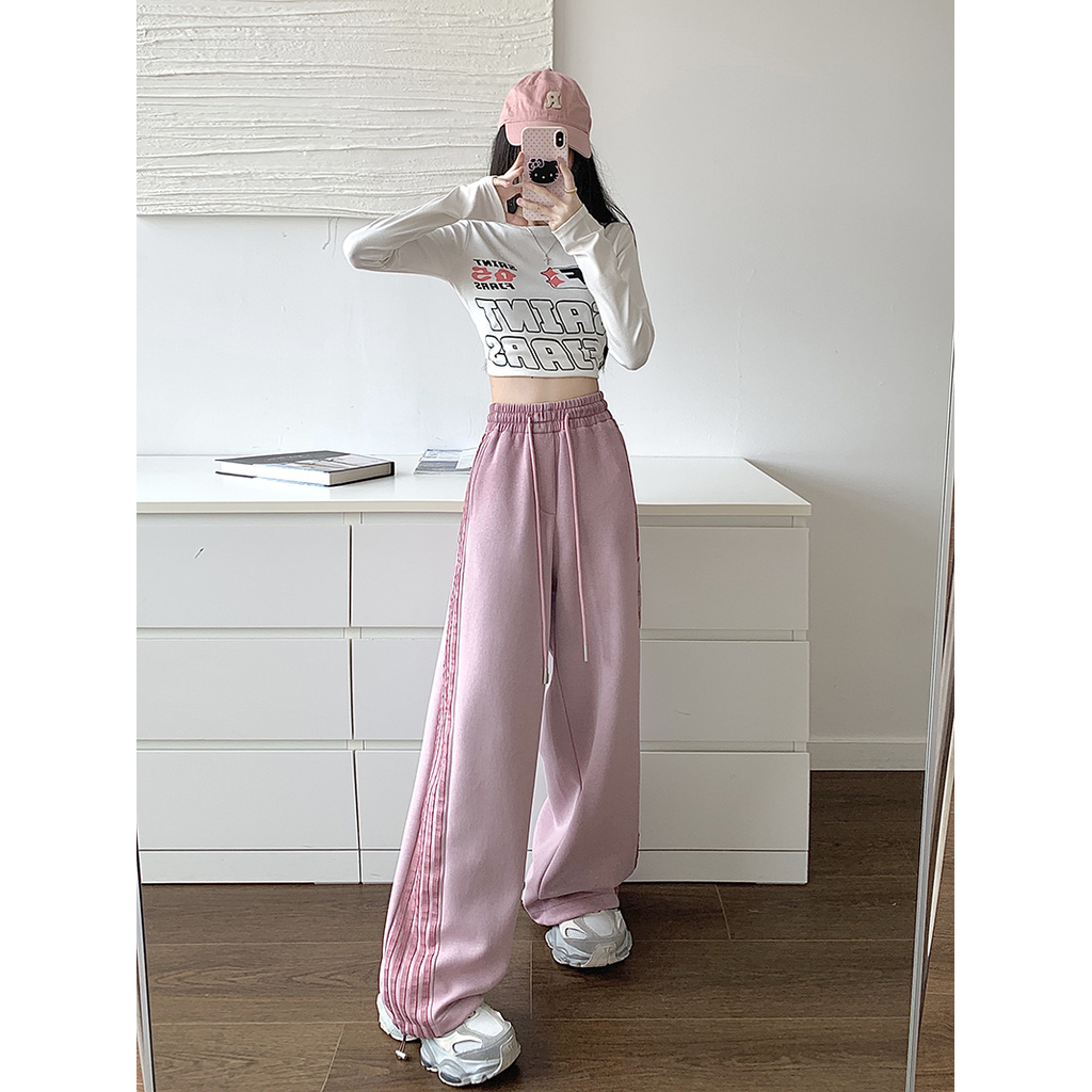 Suxi Retro Sọc Thu Đông Mới Thời Trang Đơn Giản Rời Thể Thao Cao Cấp Quần Thẳng Nữ 241012
