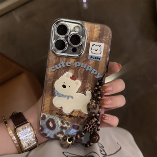 Phim Bảo Vệ Ống Kính Dễ Thương Chó Con Nâu Da Báo Đính Hạt Dây Xích Ốp Lưng Điện Thoại iPhone 17Promax 16 15 Pro Max 11 12 13 14 Promax 15Plus Vỏ Nữ Chống Sốc