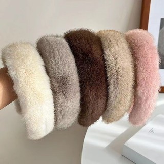 Bờm tóc nữ thu đông trang trí lông chồn viền rộng, màu trơn, dùng khi rửa mặt