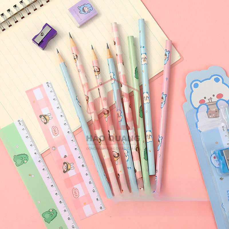 Set Dụng Cụ Học Tập Học Sinh 4 Món – Bút Chì, Thước, Gọt, Tẩy – Siêu Dễ Thương