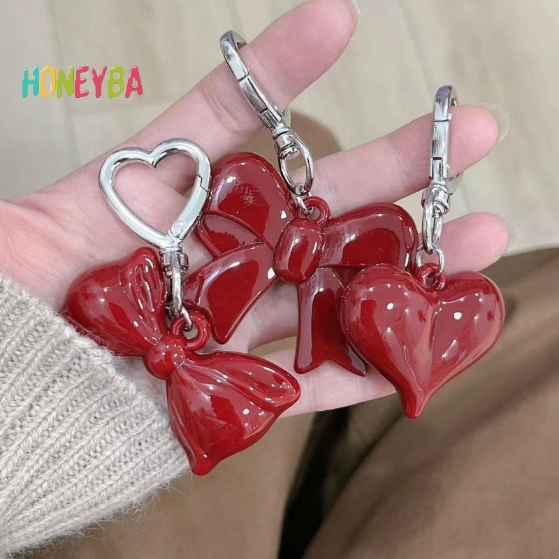 < Honeyba > Mặt dây chuyền móc khóa Acrylic hình trái tim nơ màu đỏ đơn giản dành cho nữ Cô gái Phụ kiện trang trí ba lô đa năng Quà tặng