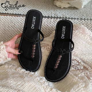 XiXitiao Flat Mùa Hè Màu Sắc Phù Hợp Với Ngoài Trời Mặc Thời Trang Pháp Đính Hạt Đi Biển Flip-Flops Nữ