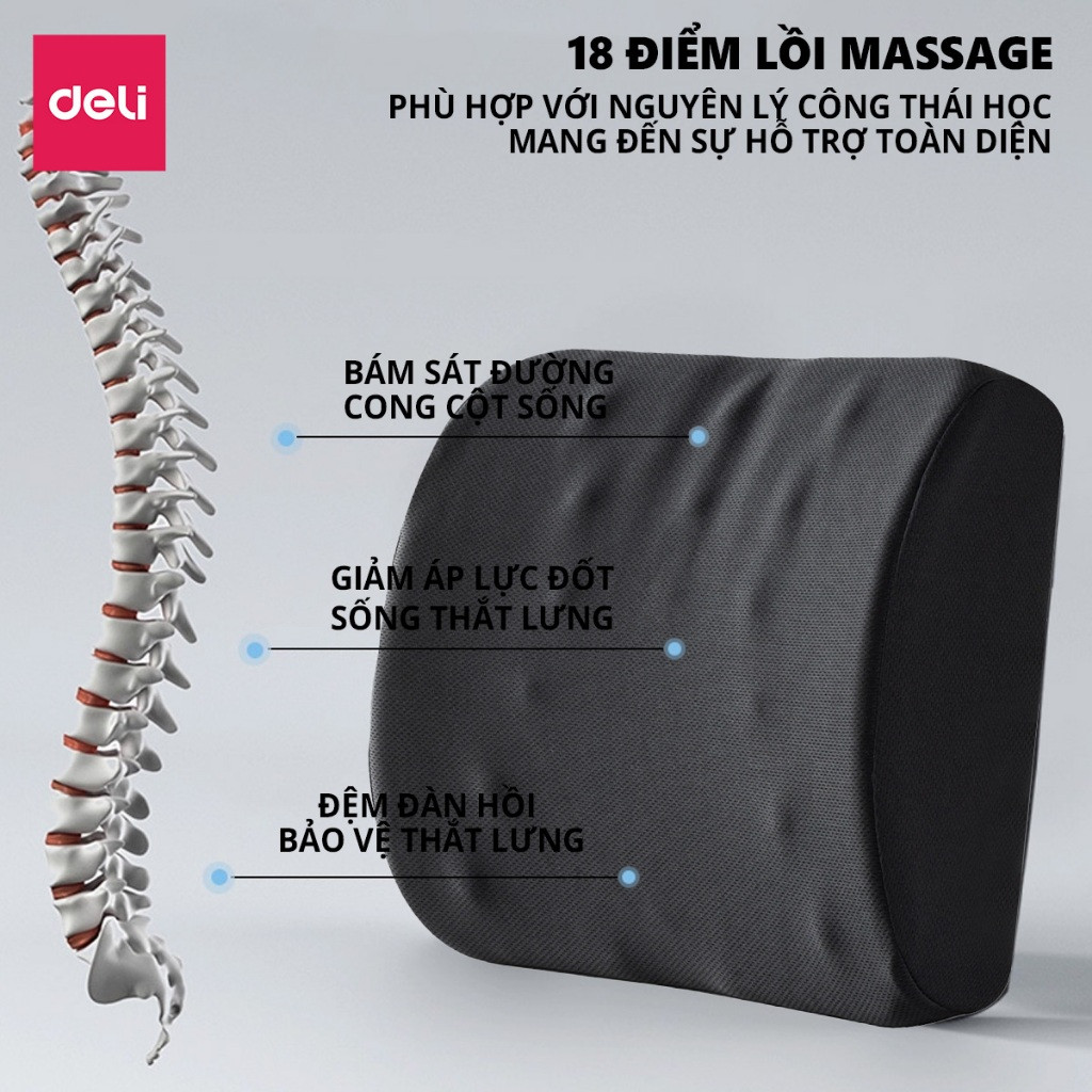Đệm ngồi tựa lưng DELI - Gối lưng hỗ trợ tư thế văn phòng chống đau xương cụt, giảm đau lưng