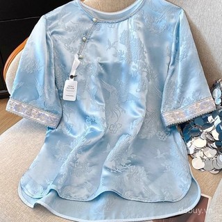 Áo sơ mi satin jacquard thêu phong cách Trung Hoa, cổ tròn tay ngắn cho mùa hè 2025