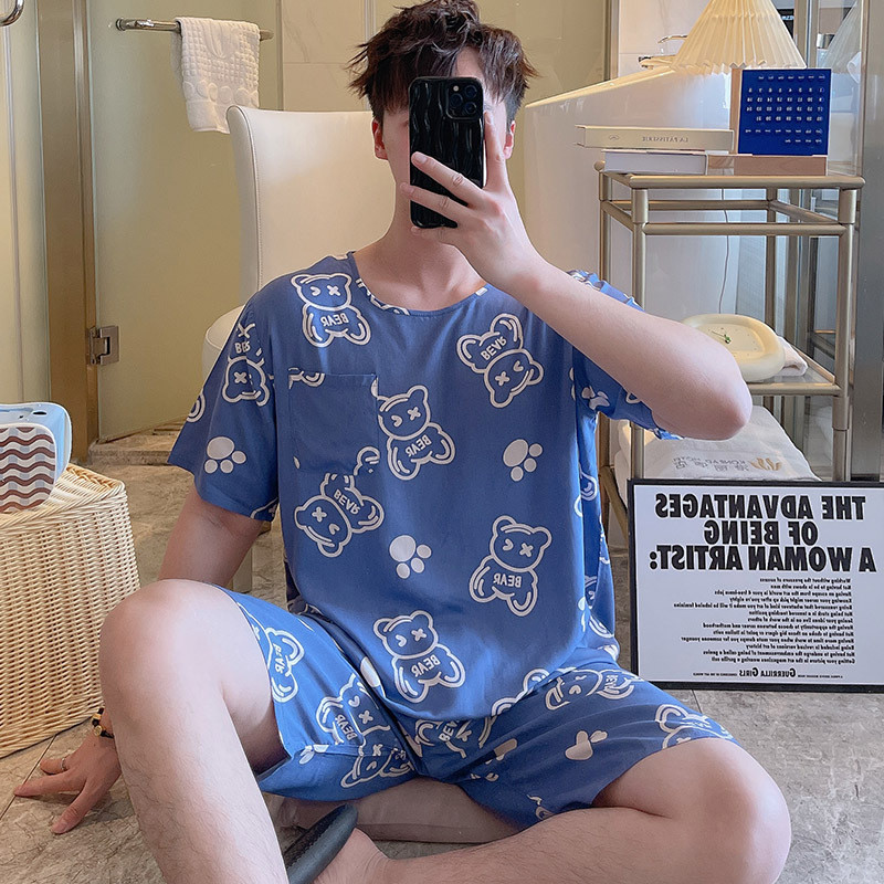 Bộ Đồ Ngủ Nam Ngắn Tay Mùa Hè, Vải Cotton Lụa Nhân Tạo, Phong Cách Loungewear Nhật Bản, Nhiều Kích Cỡ