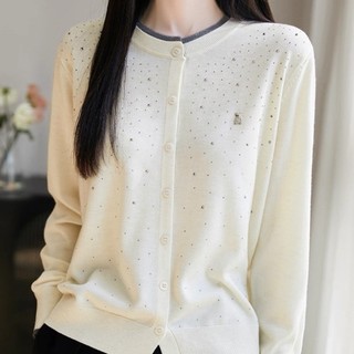 Áo cardigan len nữ xuân thu, cổ tròn, khóa sáp mềm mại, họa tiết kim cương.