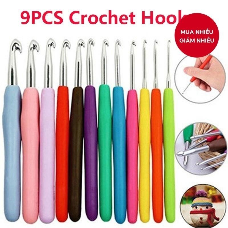 [COD] Bộ kim móc len nhôm tay cầm nhựa mềm 9 chiếc, kích thước 2-6mm, nhiều màu, dùng móc len móc sợi tiện lợi