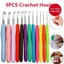 Bộ kim móc len nhôm tay cầm nhựa mềm 9 chiếc, kích thước 2-6mm, nhiều màu, dùng móc len móc sợi tiện lợi