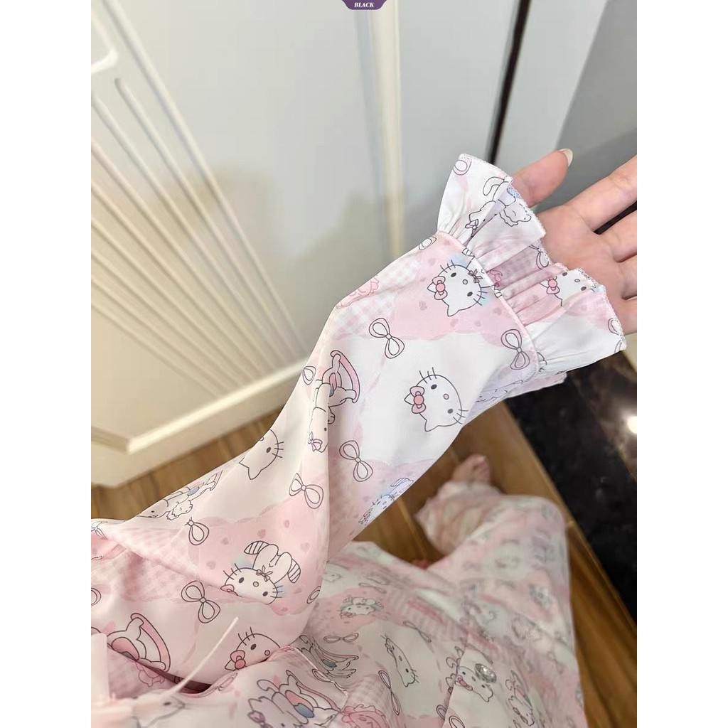 Bộ Đồ Ngủ Nữ Xuân Thu Mới, Họa Tiết Hoạt Hình Hello Kitty, Quần Dài Tay Ren