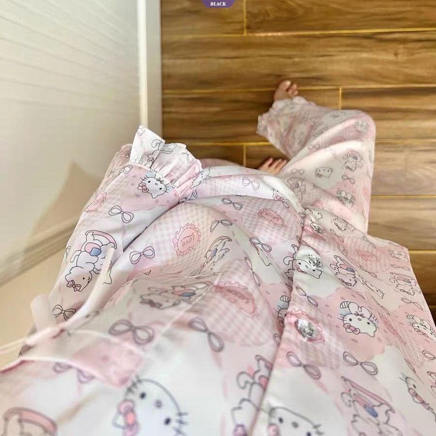 Bộ Đồ Ngủ Nữ Xuân Thu Mới, Họa Tiết Hoạt Hình Hello Kitty, Quần Dài Tay Ren