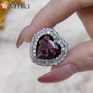 ❤ Thời Trang Nguyên Bản Sang Trọng Thạch Anh Tím Trái Tim Full Kim Cương Nhẫn Nữ Thanh Lịch Phù Hợp Với Trang Sức
