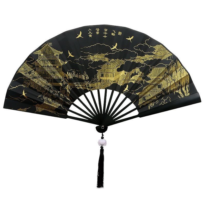 25 Đen Lụa Mạ Vàng Quạt Gấp Phong Cách Trung Hoa Ngựa Mặt Váy Hanfu Quạt Kiểm Tra Đạo Cụ Ảnh 25.8.21