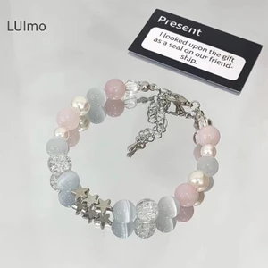 Vòng tay nữ LUImo phong cách Harajuku với ngọc trai đính hạt và màu xanh thủy tinh bóng, phù hợp làm quà tặng theo xu hướng Y2K