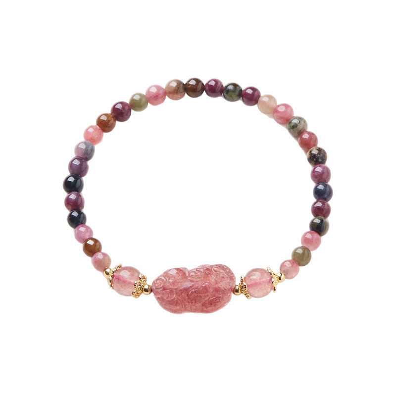 Tự Nhiên Cầu Vồng Tourmaline Vòng Tay Hồng Pixiu Chúc May Mắn Vòng Tay Nữ Bảy Màu Phong Cách Quốc Gia Mới Vòng Tay