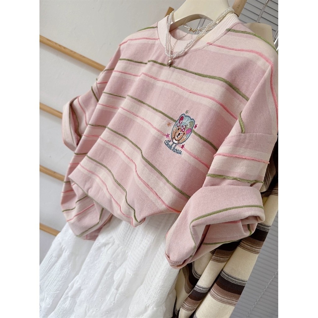 SUXI Áo thun Cotton sọc màu hồng Áo thun nữ tay ngắn thêu