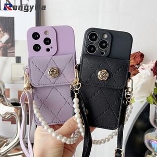 Dành Cho iPhone 15 14 Plus X XR XS 11 13 Pro Max 12 Pro 12 13 Mini 7 8 6 6s Plus SE Hộp Đựng Thẻ Vỏ Điện Thoại 3D Kim Loại Camilla Túi Đựng Thẻ Ví Ngọc Trai Dây Đeo Ngang Vỏ Điện Thoại