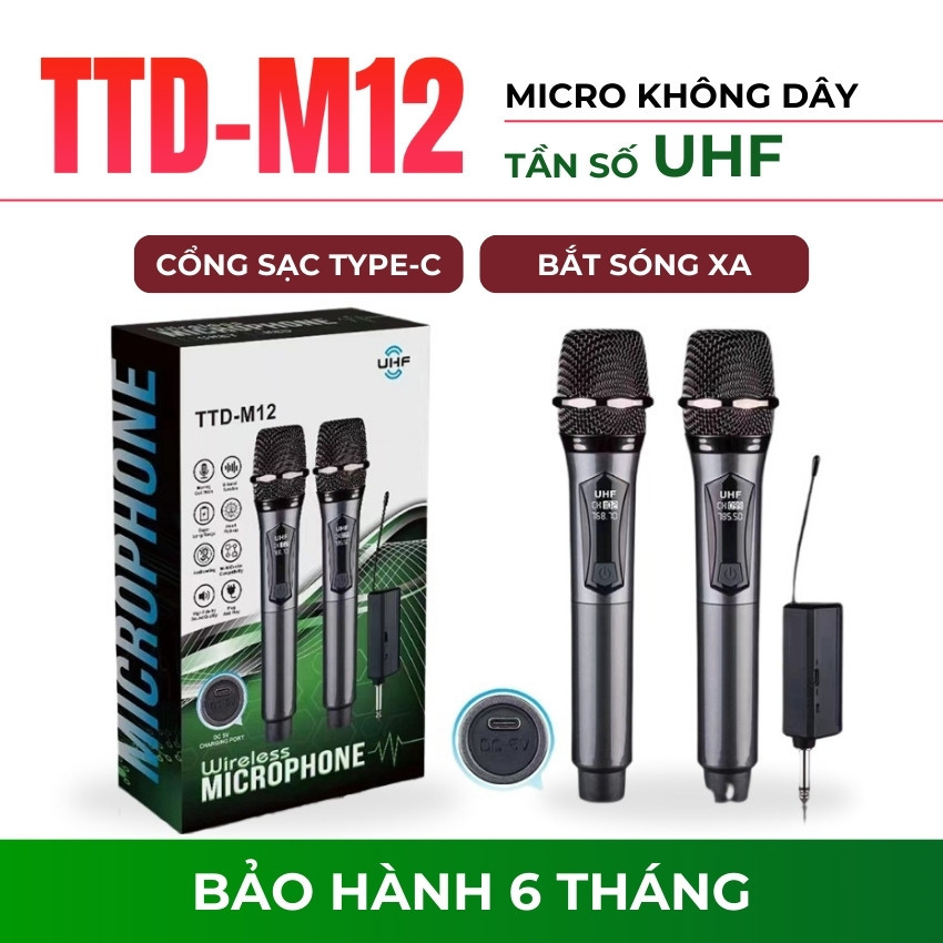 Bộ Micro Không Dây TTD-M12, Triệt Tiếng Hú, Bắt Sóng Xa, Micro Hát ...