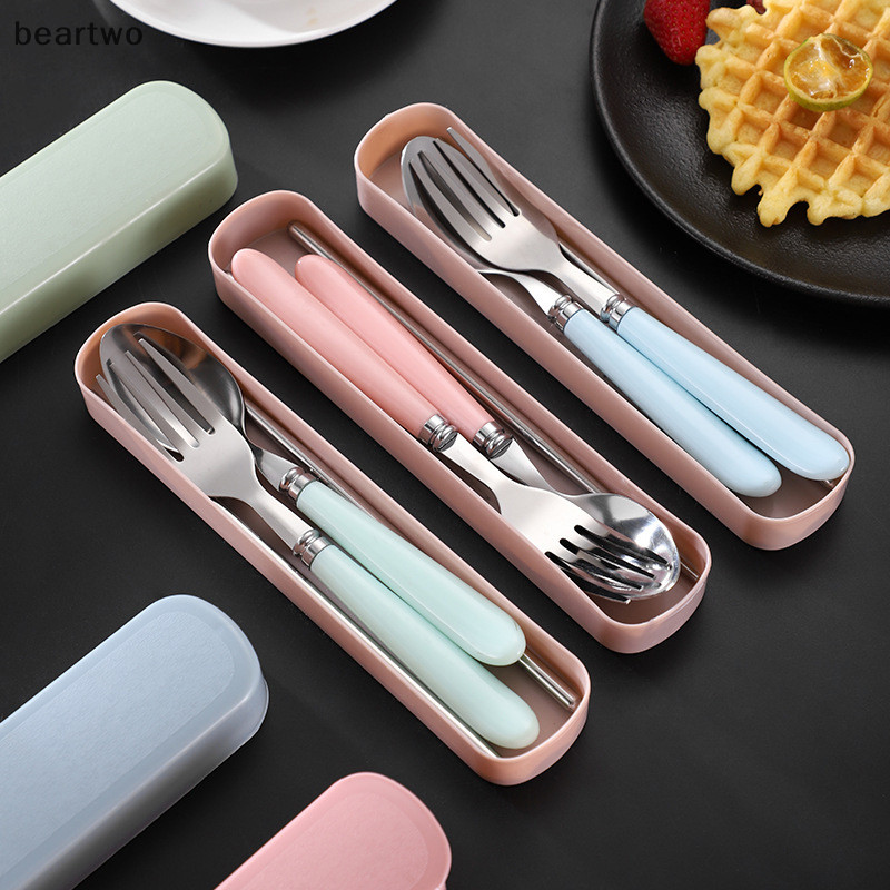 < Beartwo > Bộ đồ ăn bằng thép không gỉ 410 Muỗng nĩa di động Nhân viên văn phòng sinh viên Hộp lưu trữ dễ thương Bộ dao kéo Bộ đẹp