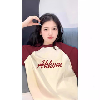 Áo thun nữ in chữ màu đỏ tía raglan tay ngắn dáng rộng chất cotton oversize