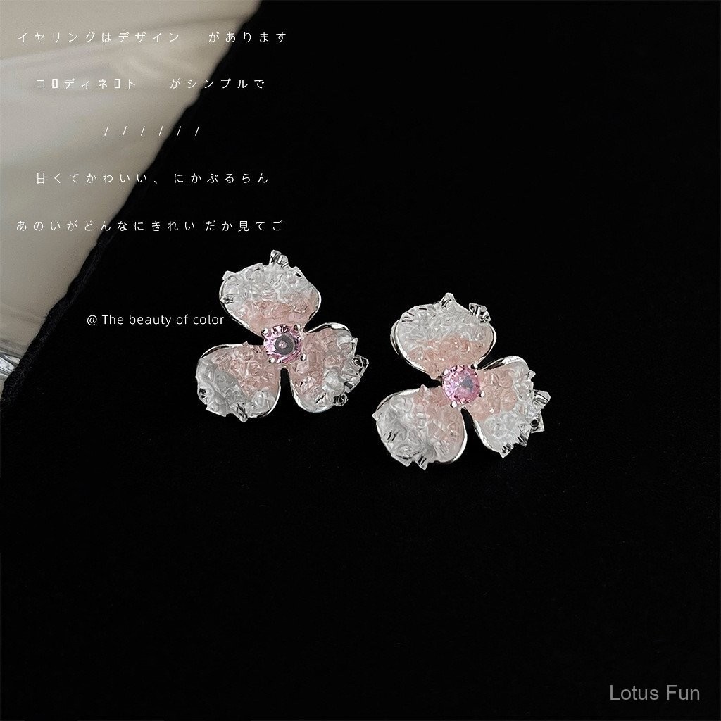 Hoa tai pha lê thủy tinh hoa anh đào Gradient màu hồng khảm Micro Zircon hoa tai Mini tinh tế đơn giản khí chất tươi tắn ngọt ngào cho nữ