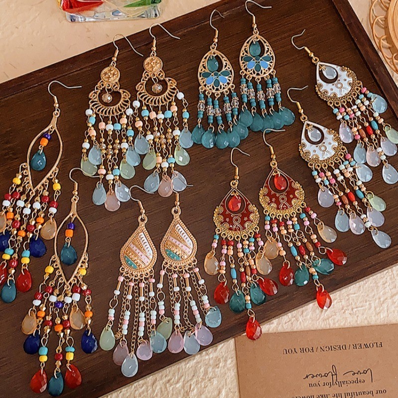 Bông tai bohemian dân tộc tua rua, thiết kế cao cấp và đơn giản