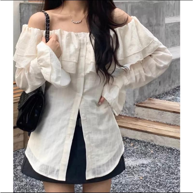 Áo Trễ Vai Nữ Phối Bèo Tay Ngắn ,Tay Dài , Áo Sơ mi Kiểu Nữ Trễ Vai Chất Đũi Gân Sóng Phong Cách Tiểu Thư - A2084