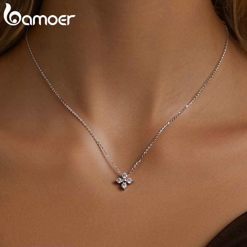 Bamoer 925 Sterling Sliver Vòng Cổ Cỏ Bốn Lá Moissanite Trang Sức Quà Tặng Cho Nữ