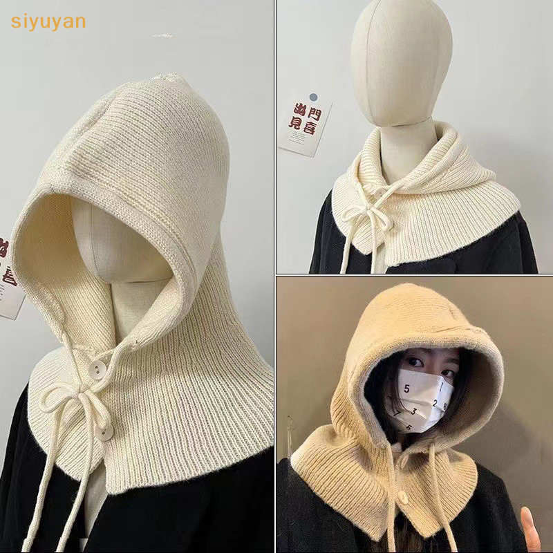 Siyuyan Mùa Đông Ấm Áp Dệt Kim Balaclava Mũ Nữ Màu Trơn Có Mũ Trùm Đầu Ngoài Trời Mũ Chui Đầu Mũ Cashmere VN