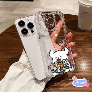 Ốp điện thoại hình chú chó con dễ thương cầm hoa cho iPhone 16 15 Pro Max 15 Plus 14 Plus 14 Pro Max 13 Mini 13 Pro Max Vỏ đơn giản Cặp đôi Vỏ mềm chống rơi