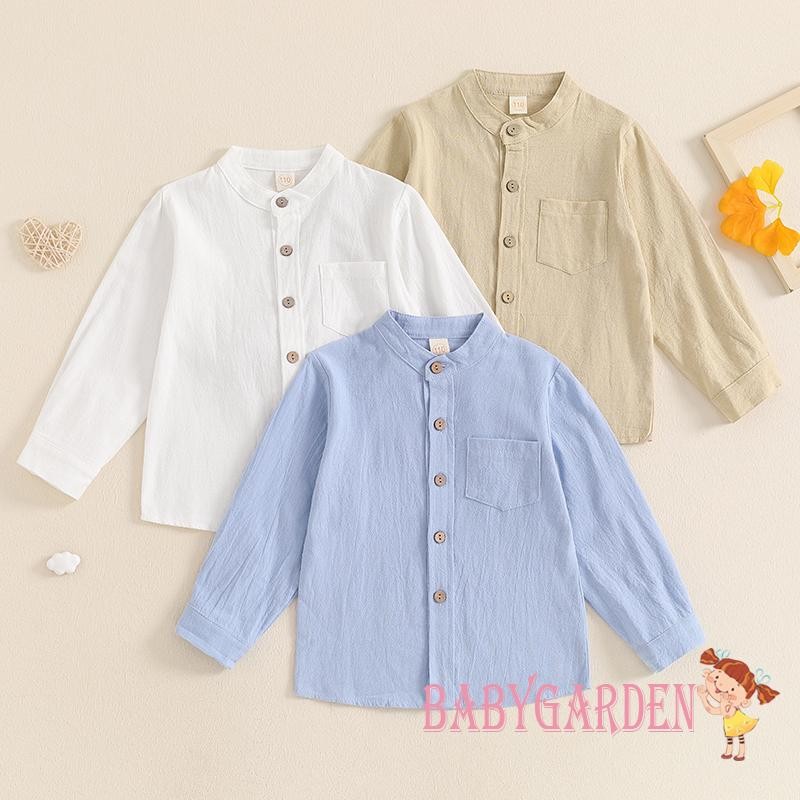 Baga-3-8years trẻ em / bé trai Áo sơ mi màu trơn Ngực bỏ túi cổ đứng dài tay phía trước Nút lên mùa thu Áo quý ông