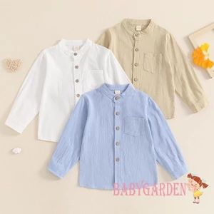 Baga-3-8years trẻ em / bé trai Áo sơ mi màu trơn Ngực bỏ túi cổ đứng dài tay phía trước Nút lên mùa thu Áo quý ông