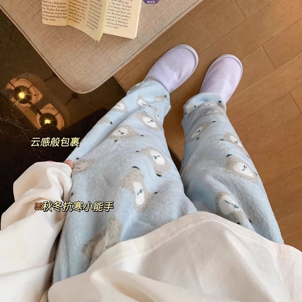 Dễ Thương Hello Kitty In Hình Quần Ấm Áp Đệm Dày Rời Thẳng Sinh Viên Mùa Đông Flannel Nhà Quần [BL]