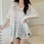 Áo móc nữ OUSXA, Áo bơi dáng rộng cổ chữ V che, Đồ bơi rỗng dệt kim mỏng thời trang mùa hè