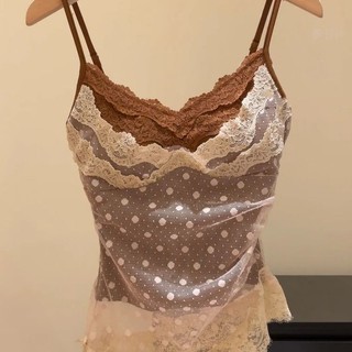 Camisole khâu ren xếp ly màu sắc tương phản mỏng, gợi cảm và nữ tính, phong cách retro Pháp thanh lịch, phù hợp thời trang mùa hè 2025