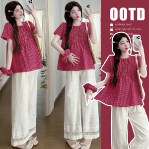 Bộ đồ bà bầu Áo ngắn tay kẻ sọc mùa hè + Quần ống rộng bằng vải lanh Cotton Bộ đồ hai mảnh
