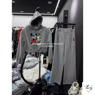 Trang phục thường ngày phong cách Hàn, cỡ lớn, thu đông 2026, dành cho nữ trẻ, phong cách Mickey, dáng rộng có mũ, lót nhung, quần ống rộng.