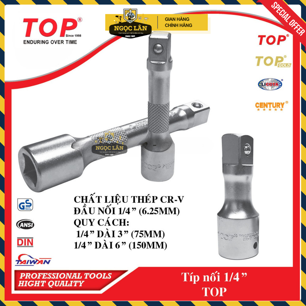 [Chính hãng TOP] Típ nối, đầu tuýp nối TOP 1/2", 1/4" dài đủ cỡ thép CRV cao cấp
