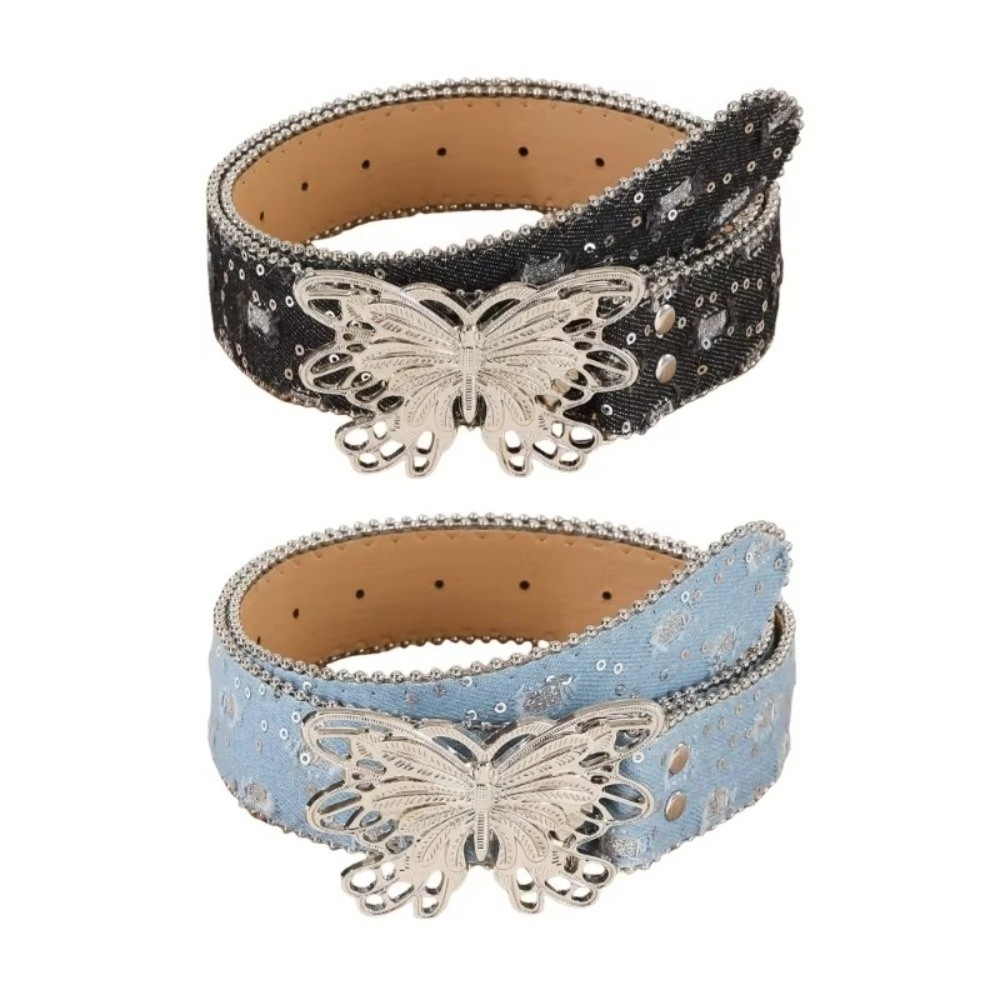 Thắt lưng thời trang cổ điển TCYILLOIAN, Thắt lưng Punk hình bướm đính sequin, Thắt lưng viền rộng Denim hợp thời trang Y2K chắp vá