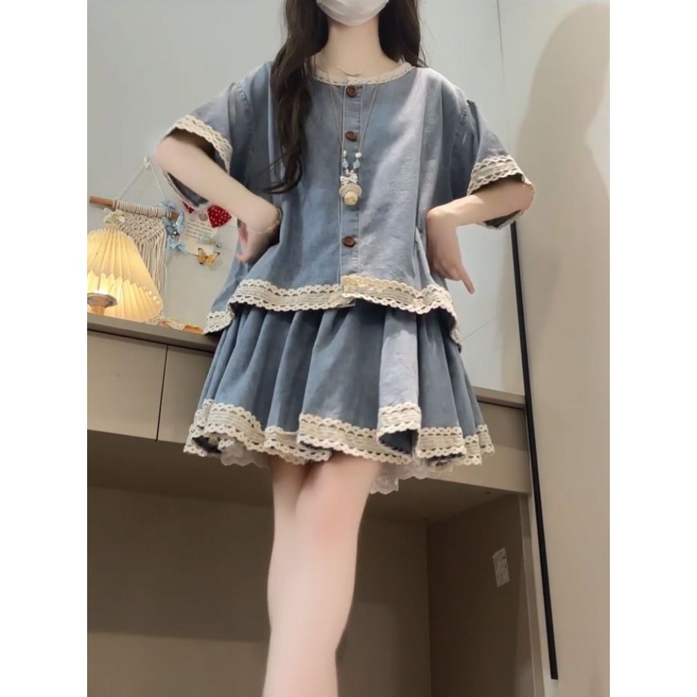[Yu]Áo denim rộng phối váy denim ren, set hai mảnh phong cách vintage cá tính cho phái đẹp.