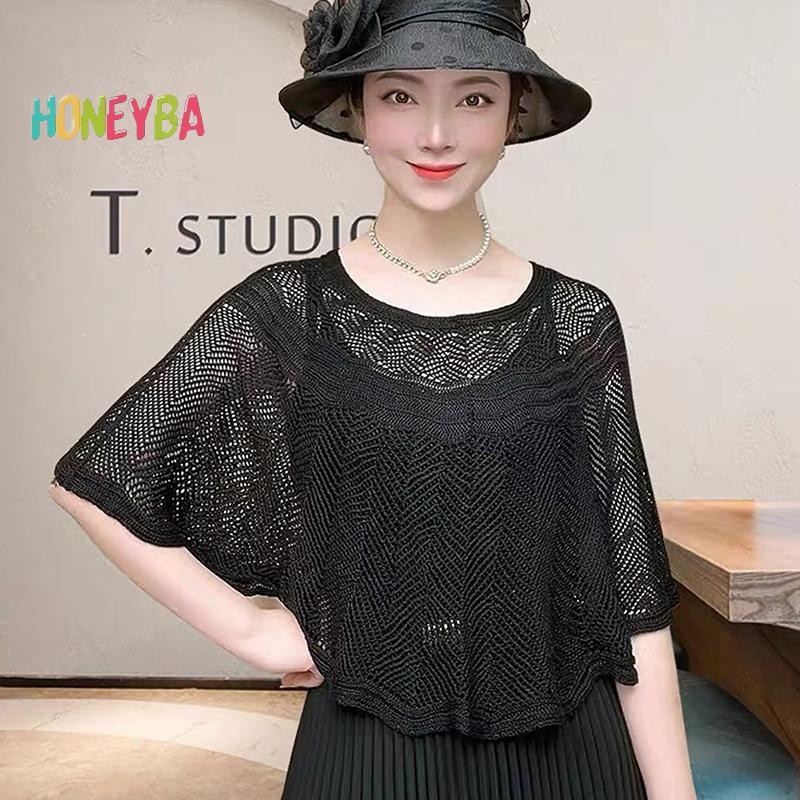 < Honeyba > Khăn choàng Cotton rỗng dệt kim dành cho nữ Áo mùa hè thu thanh lịch dành cho nữ Áo choàng chống nắng cho nữ
